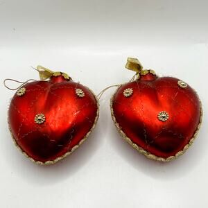 Red Heart Old World Style Blown Glass Metal Accent Christmas Ornament Set of 2